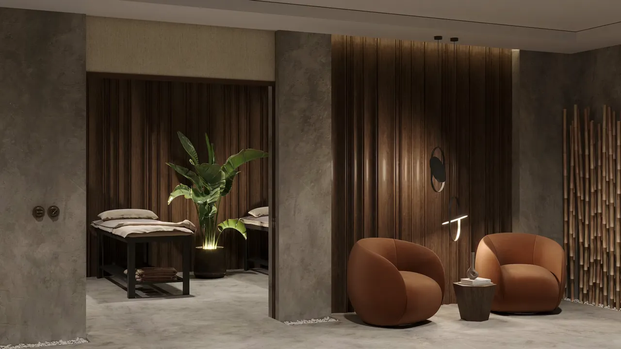 Warm, elegant spa interior with a massage bed and relaxing seating at Beauti Door Spa, Hinjawadi